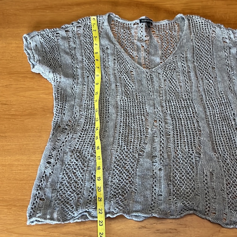 Eileen Fisher Open Knit Linen Top-Gray, Short Sleeve, V-Neck, Size M, GUC. - Picture 12 of 15